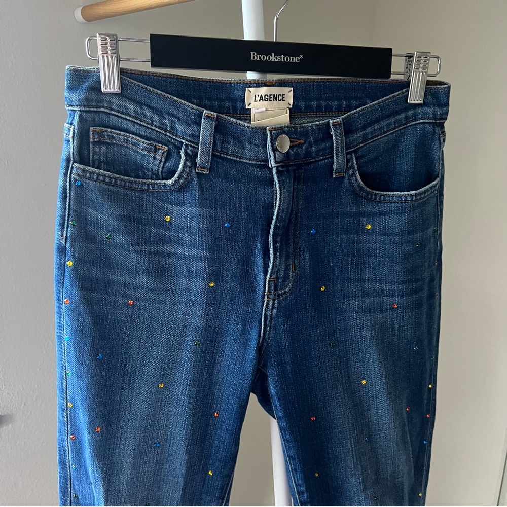 🍉L’agence El Matador Colorful Crystal Embellished Cropped Jeans Rhinestone